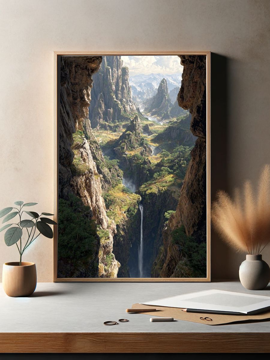 Majestic Waterfall in Mountain Valley Poster. — room view 2