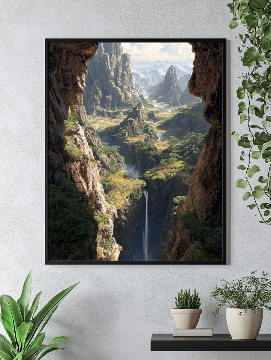 Majestic Waterfall in Mountain Valley Poster. — room view 4