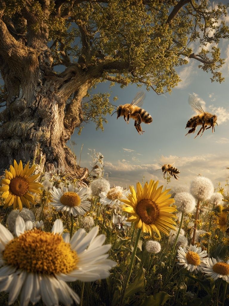 Bees and Wildflowers — Nature Print. poster — nature art