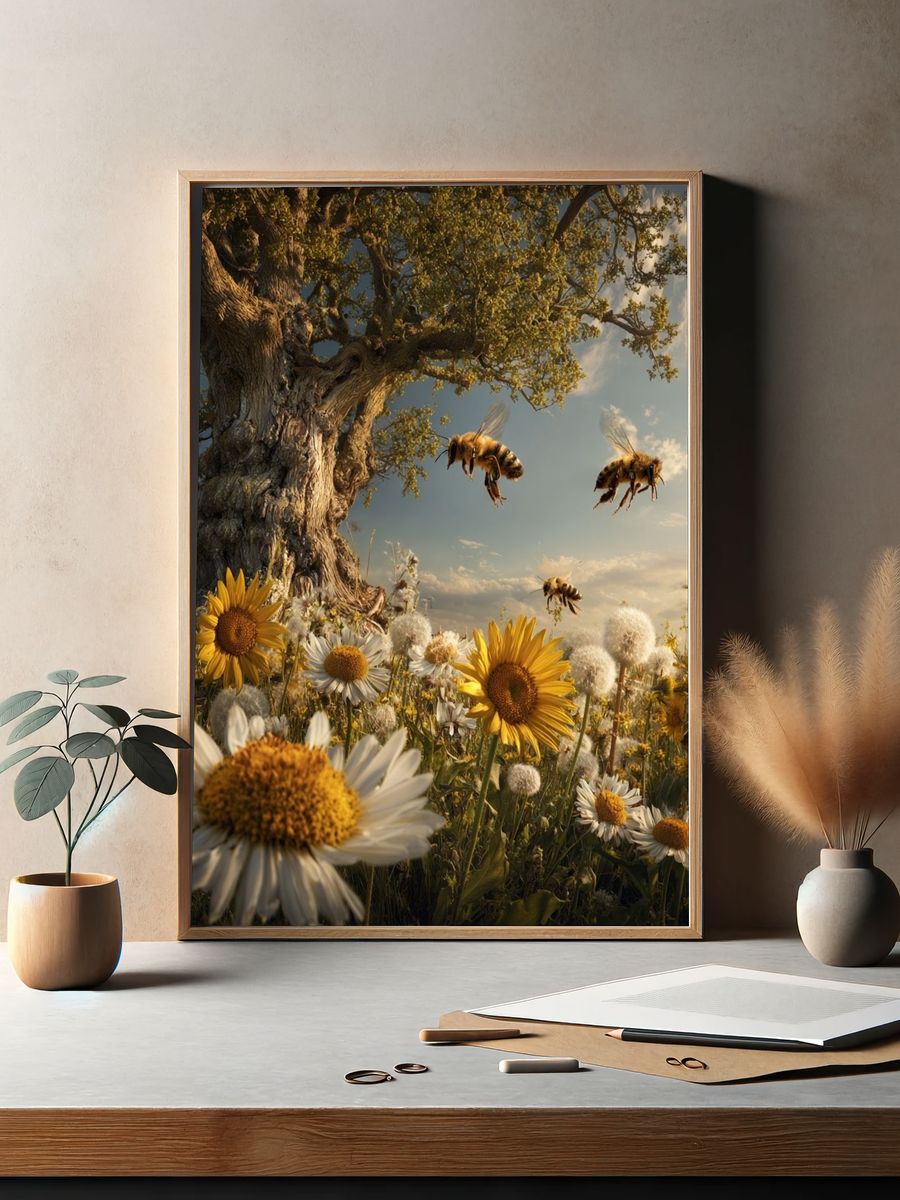 Bees and Wildflowers — Nature Print. — room view 2