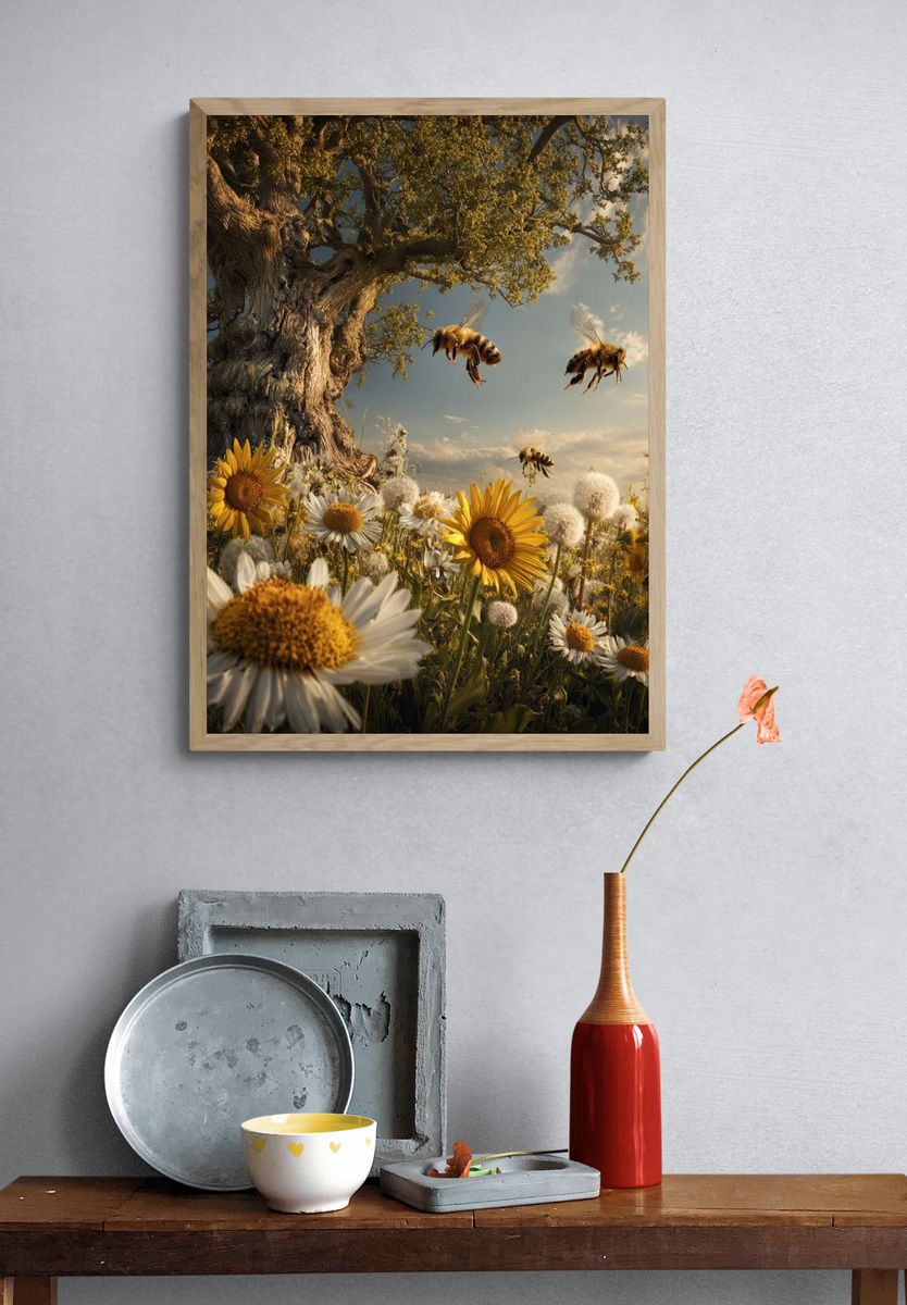 Bees and Wildflowers — Nature Print. — room view 3