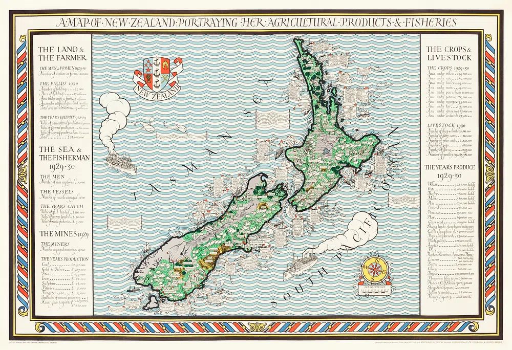 Map of New Zealand — Vintage Print. poster — maps-travel art
