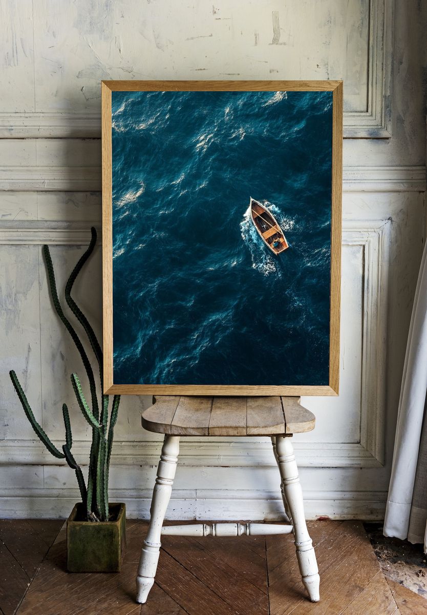 Lonely Boat on Ocean Waves — Photography Print. — room view 1