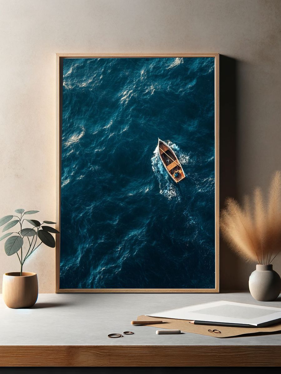 Lonely Boat on Ocean Waves — Photography Print. — room view 2