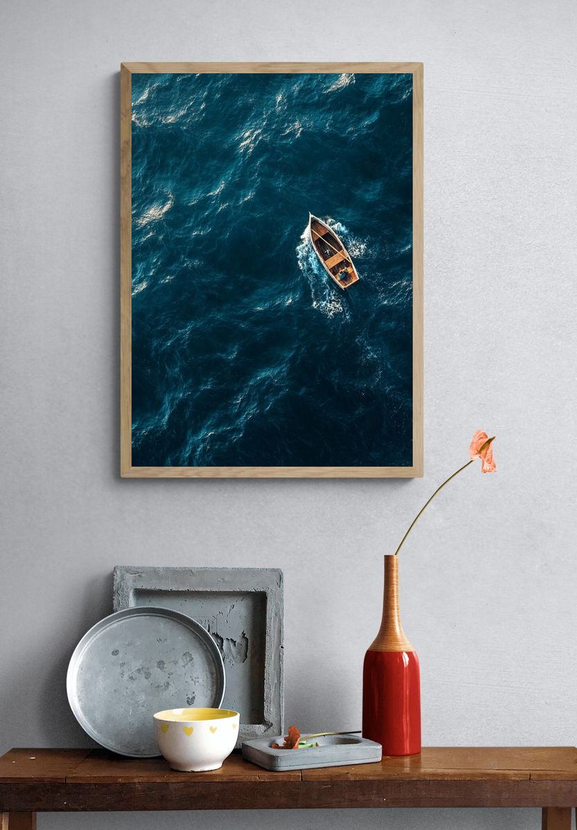 Lonely Boat on Ocean Waves — Photography Print. — room view 3