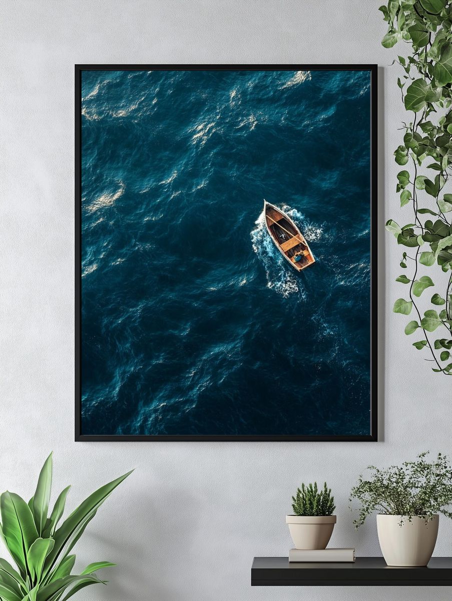 Lonely Boat on Ocean Waves — Photography Print. — room view 4