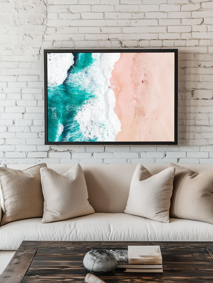 Aerial of Turquoise Ocean and Pink Sand Beach Poster. — room view 1