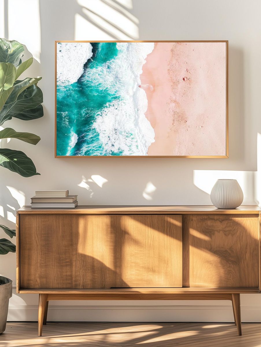 Aerial of Turquoise Ocean and Pink Sand Beach Poster. — room view 3