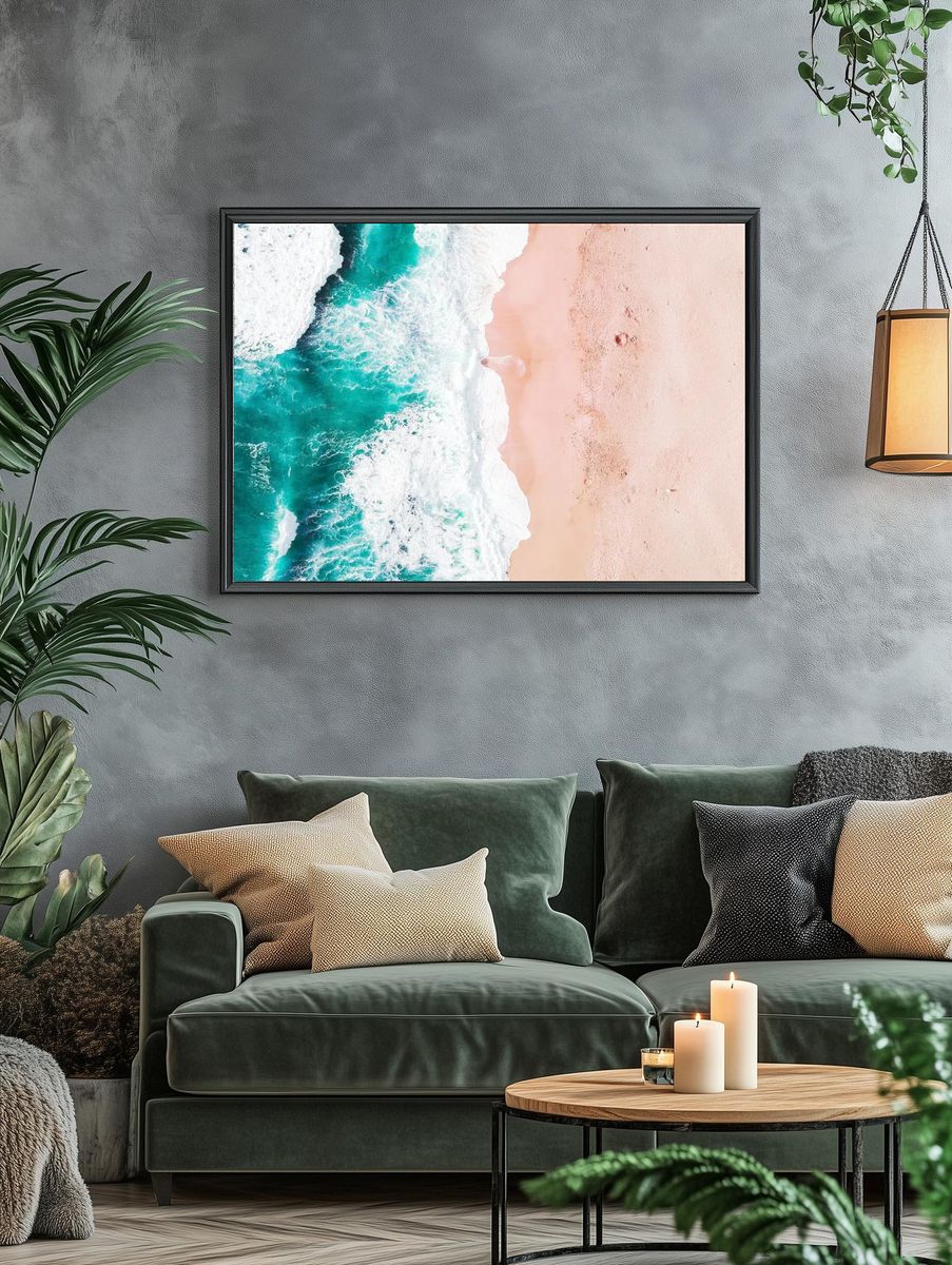 Aerial of Turquoise Ocean and Pink Sand Beach Poster. — room view 4