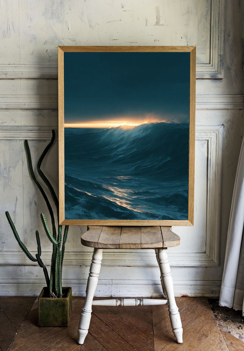 Ocean Sunset Wave Photography Poster. — room view 1