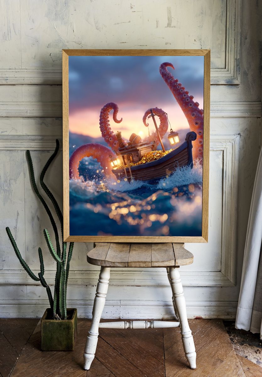 Octopus Treasure Boat Illustration Poster. room preview