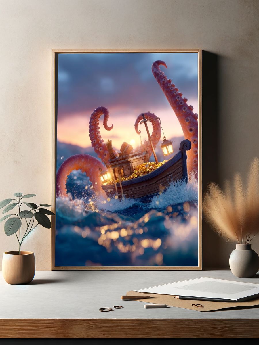 Octopus Treasure Boat Illustration Poster. — room view 2