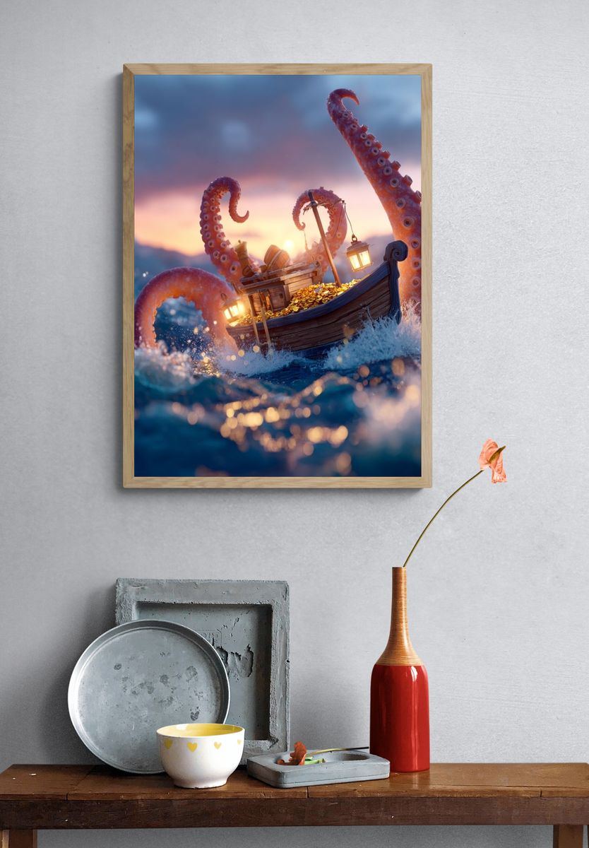 Octopus Treasure Boat Illustration Poster. — room view 3