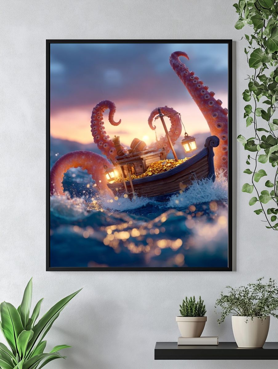 Octopus Treasure Boat Illustration Poster. — room view 4