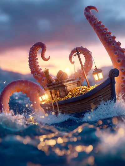 Octopus Treasure Boat Illustration Poster.