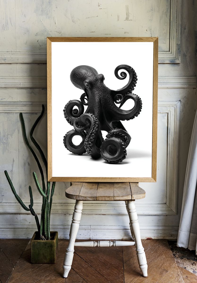 Octopus Sculpture Black-White Print. room preview