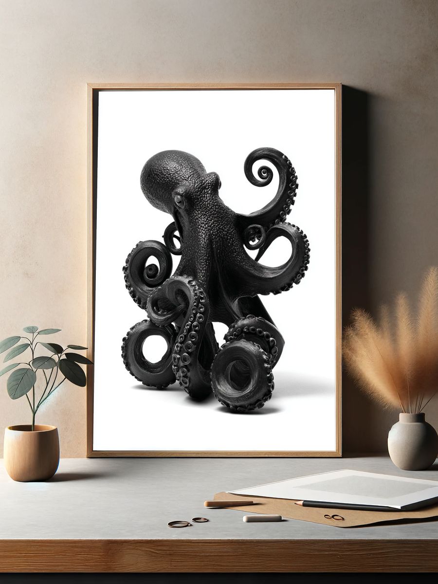 Octopus Sculpture Black-White Print. — room view 2