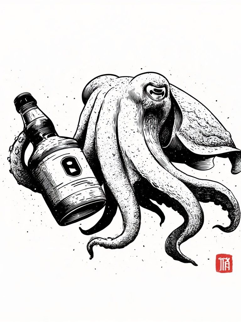 Octopus with Bottle Ink Print. poster detail