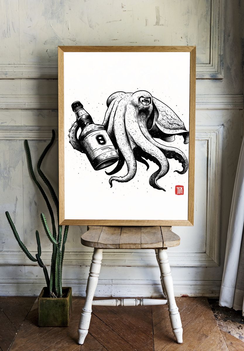 Octopus with Bottle Ink Print. room preview