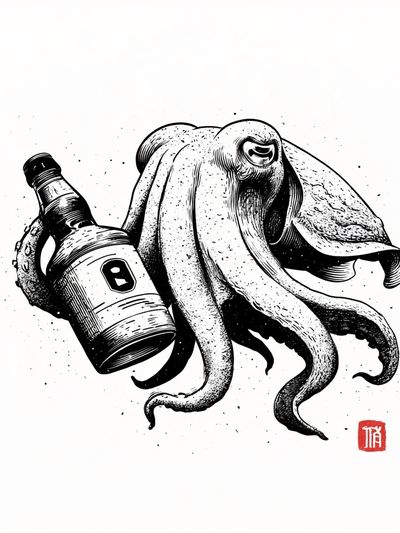 Octopus with Bottle Ink Print.