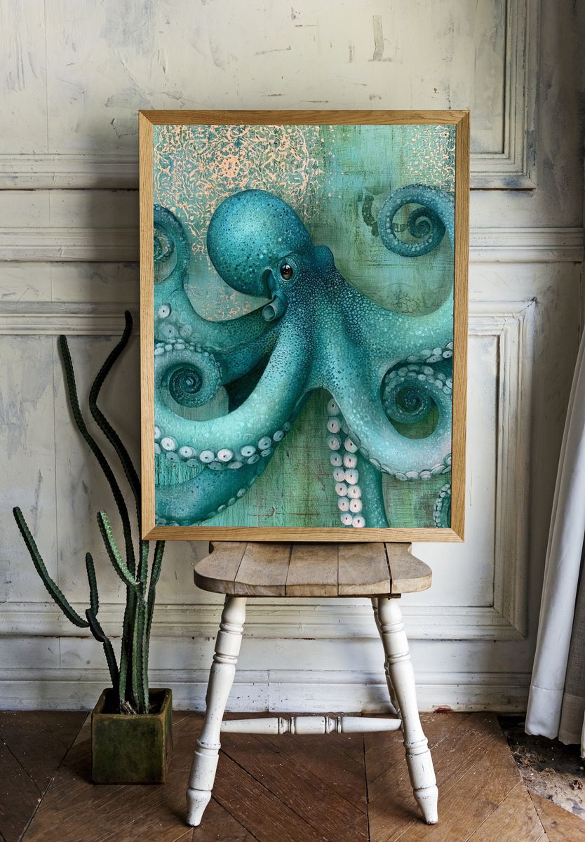 Turquoise Octopus Illustration Poster. room preview
