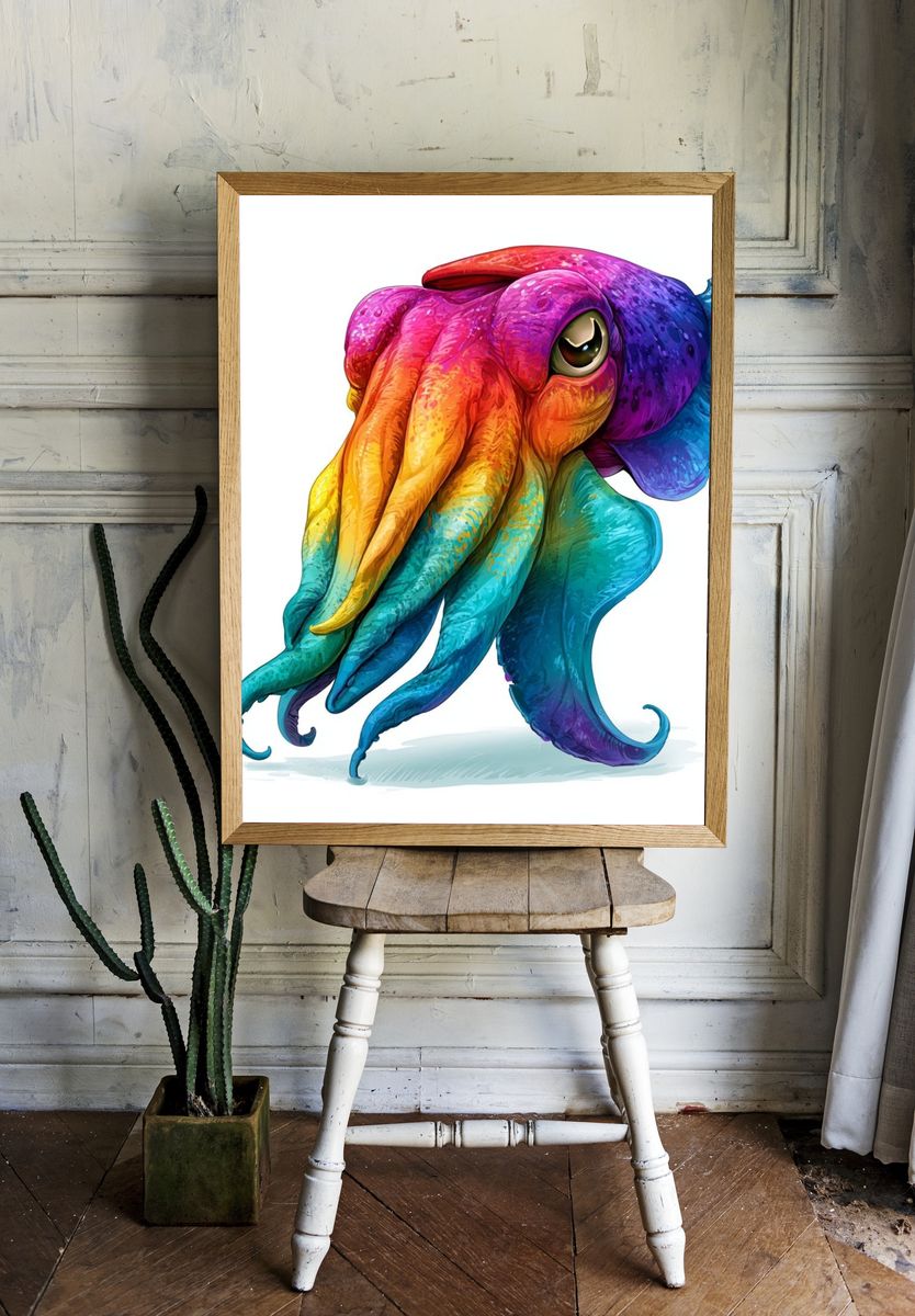 Rainbow Octopus Illustration Poster. — room view 1