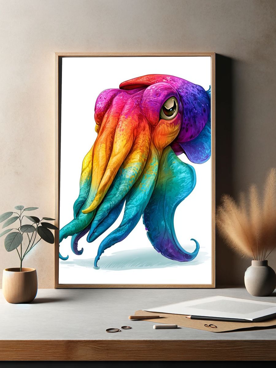 Rainbow Octopus Illustration Poster. — room view 2