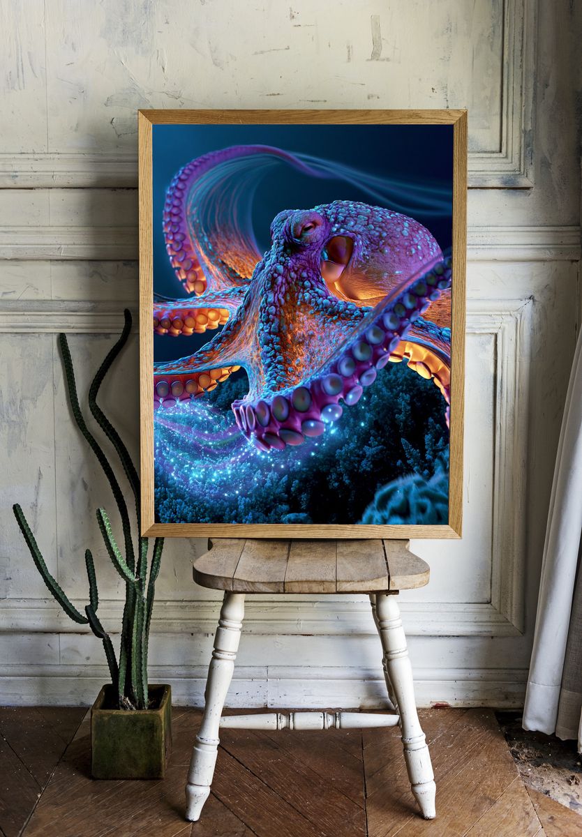 Neon Octopus Digital Art Poster. — room view 1