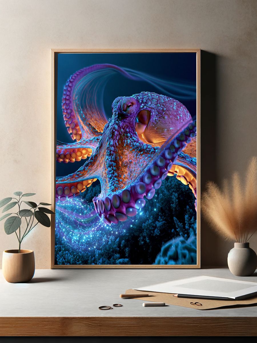 Neon Octopus Digital Art Poster. — room view 2