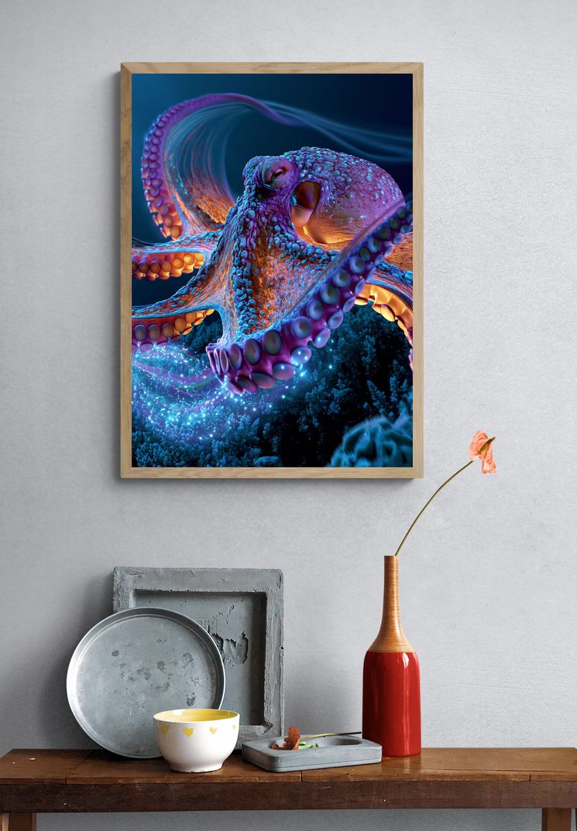 Neon Octopus Digital Art Poster. — room view 3