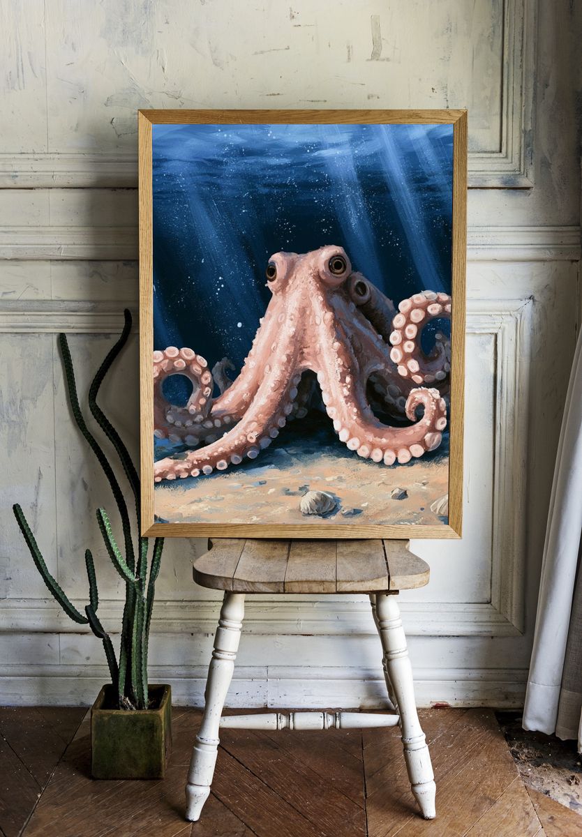Octopus Underwater Illustration Poster. room preview