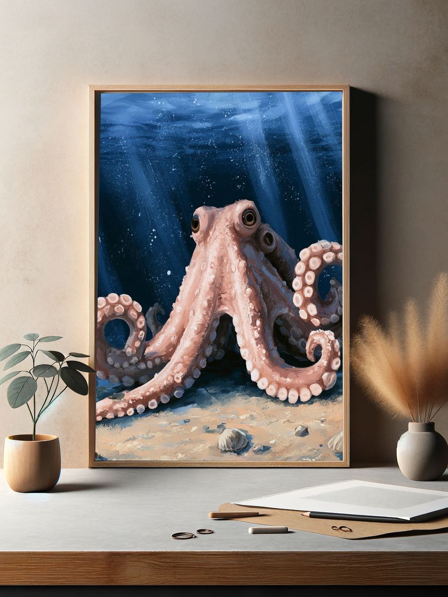 Octopus Underwater Illustration Poster. — room view 2