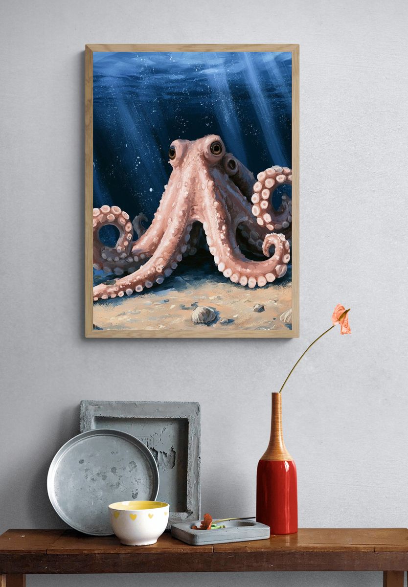 Octopus Underwater Illustration Poster. — room view 3