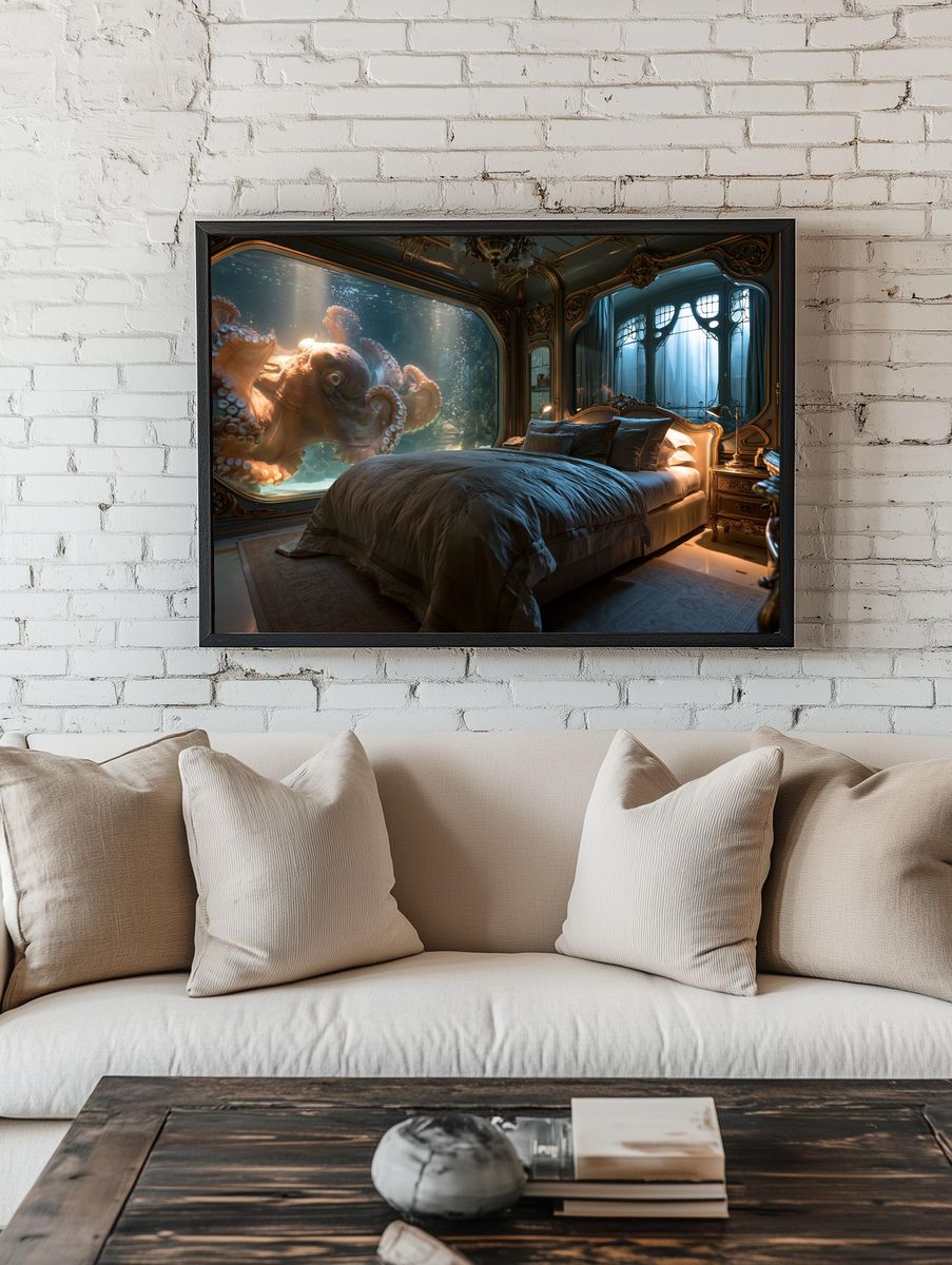 Octopus Bedroom Surrealism Print. room preview