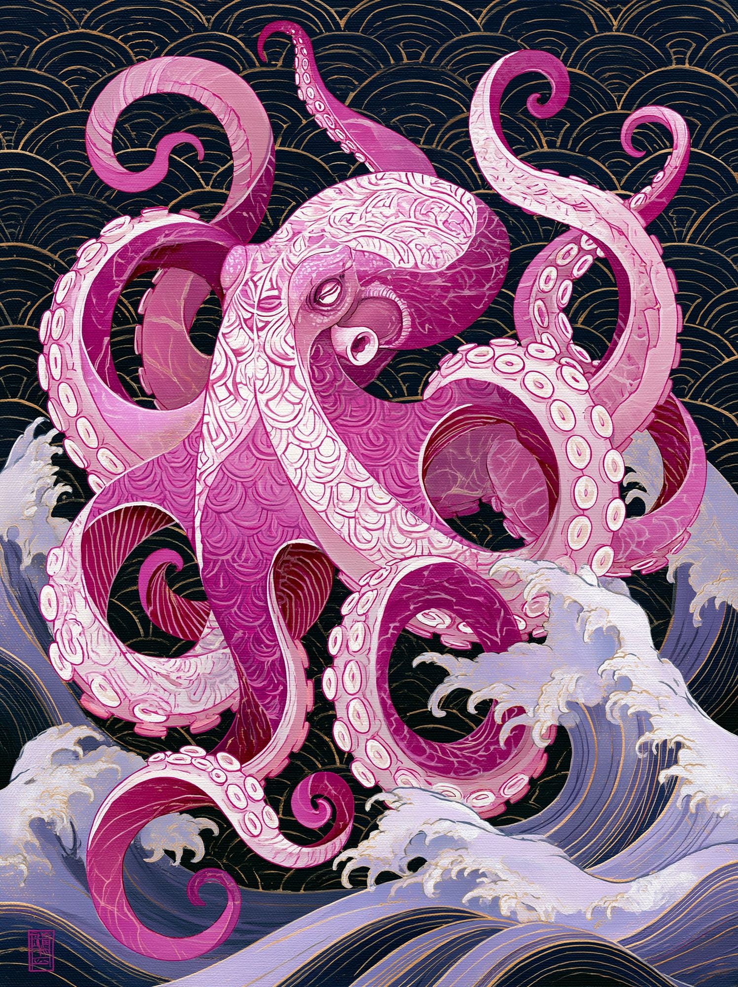 Pink Octopus Wave Illustration Poster. poster — illustration art