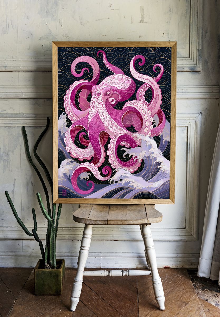 Pink Octopus Wave Illustration Poster. — room view 1
