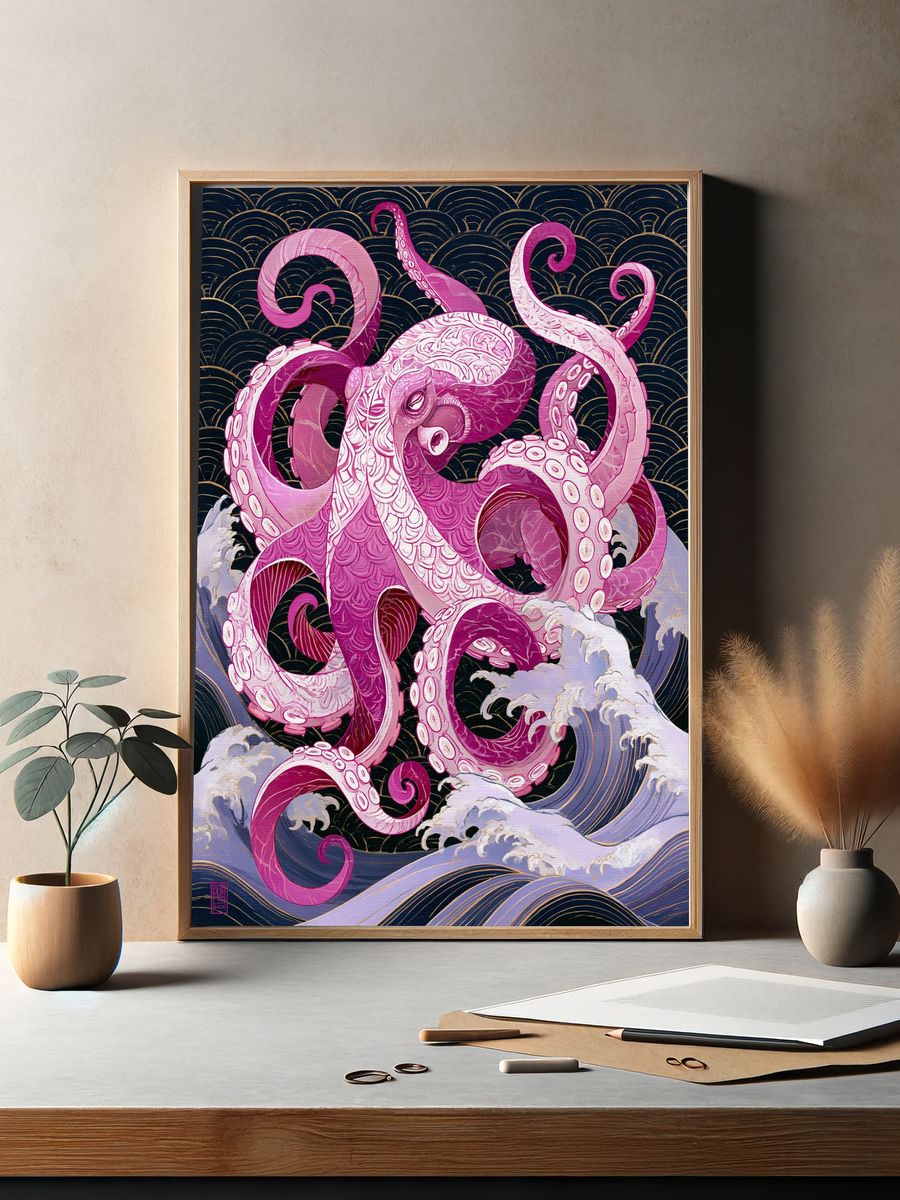 Pink Octopus Wave Illustration Poster. — room view 2