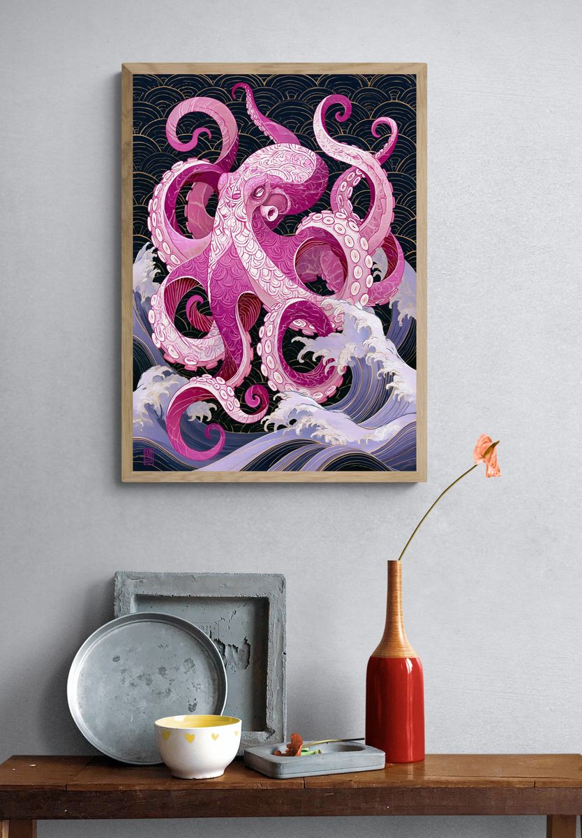 Pink Octopus Wave Illustration Poster. — room view 3