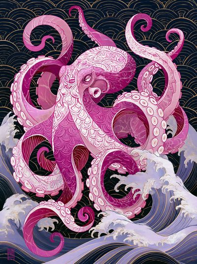 Pink Octopus Wave Illustration Poster.