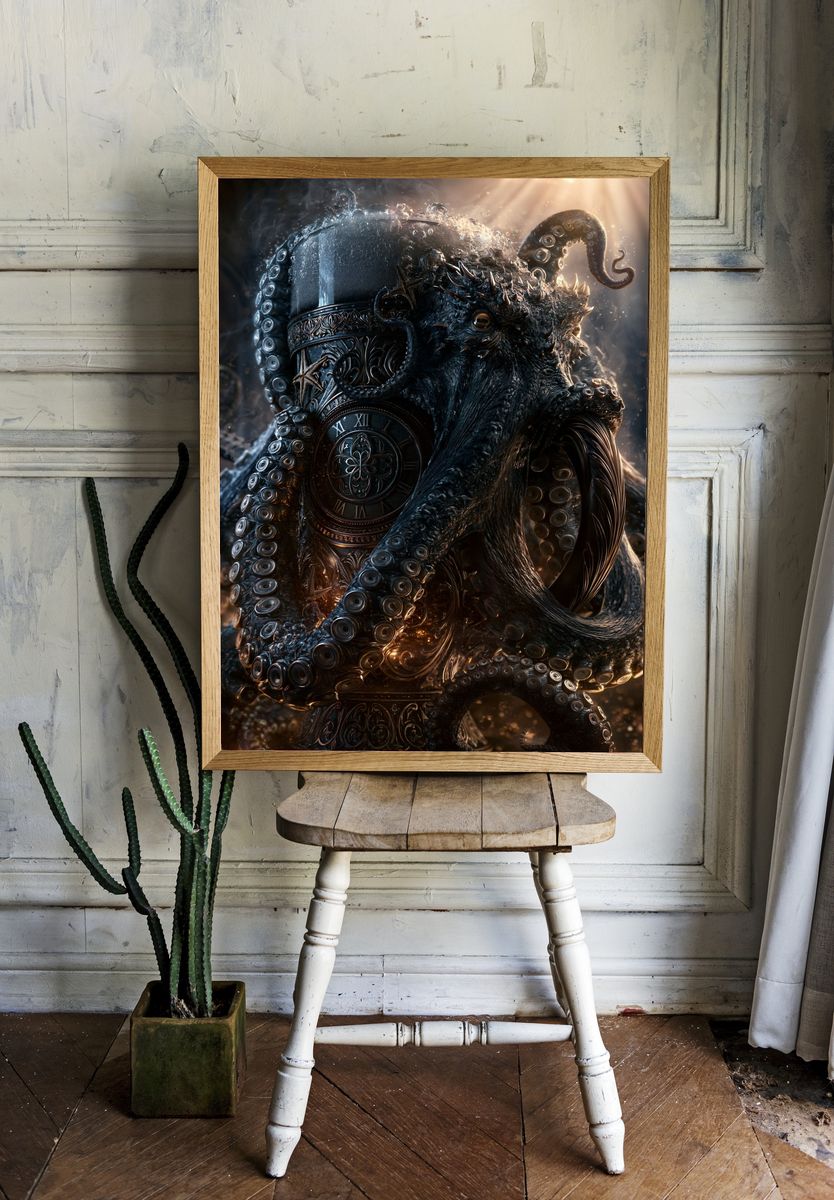 Octopus Clock Surrealism Print. room preview