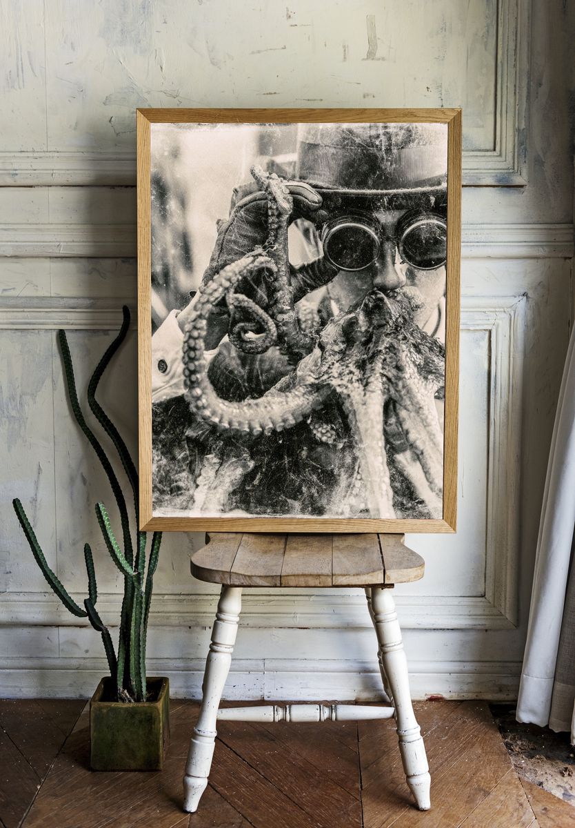 Octopus Diver Black-White Poster. room preview
