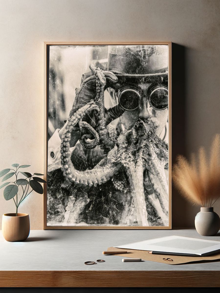 Octopus Diver Black-White Poster. — room view 2