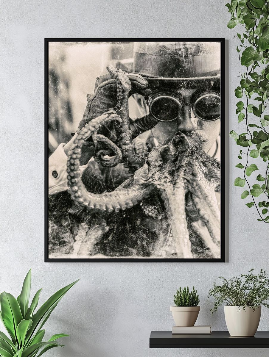 Octopus Diver Black-White Poster. — room view 4