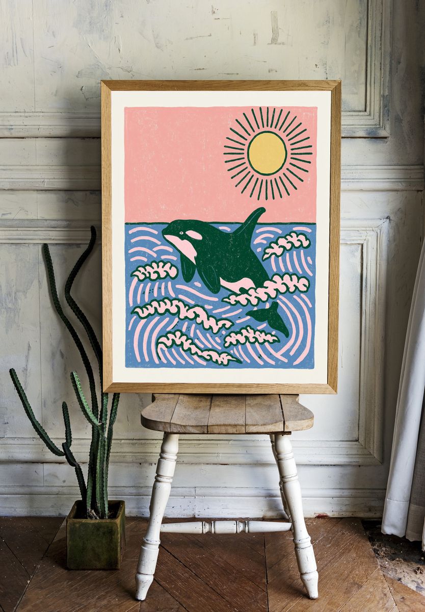 Orca in Waves Illustration Poster. — room view 1