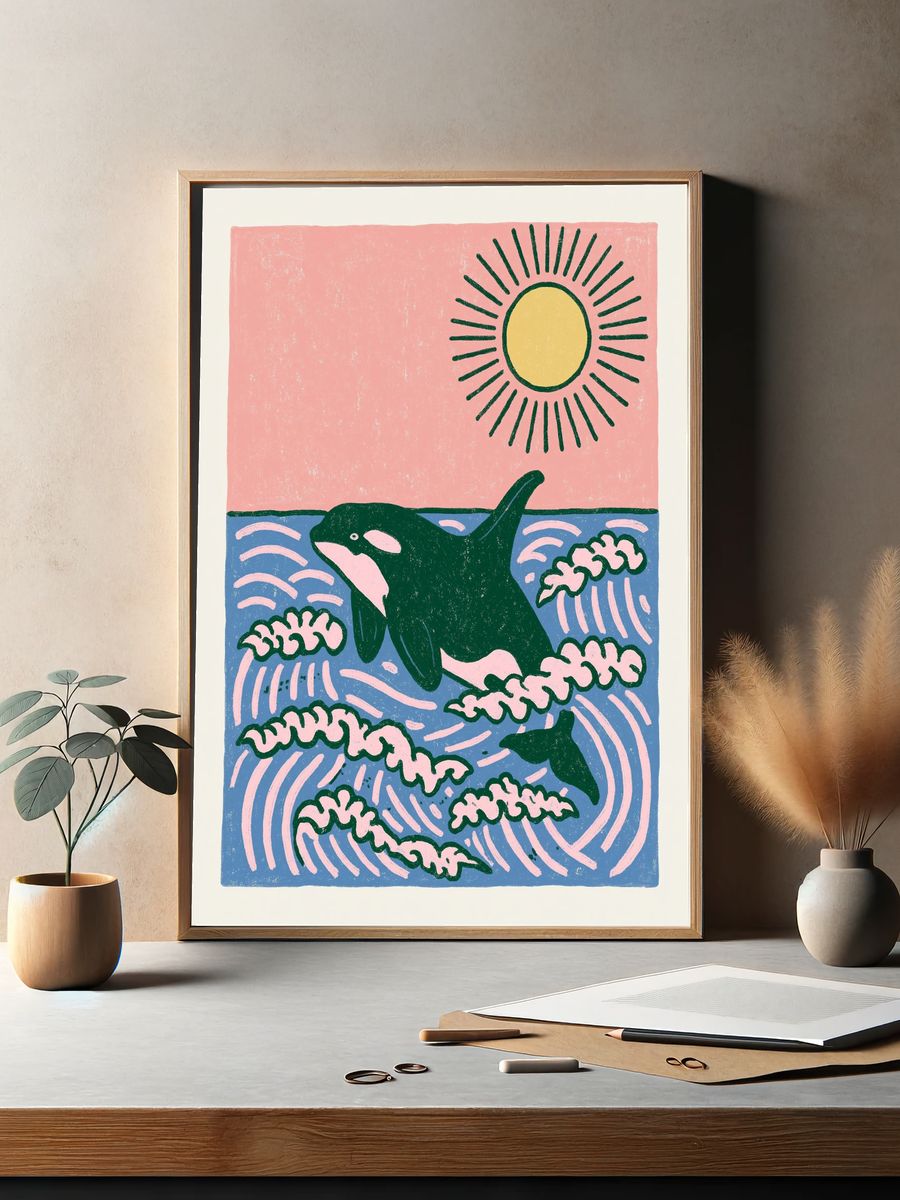 Orca in Waves Illustration Poster. — room view 2