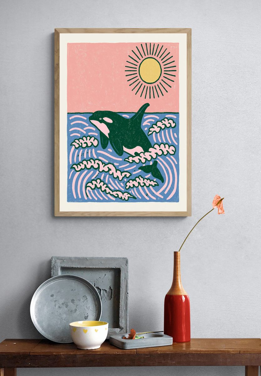 Orca in Waves Illustration Poster. — room view 3