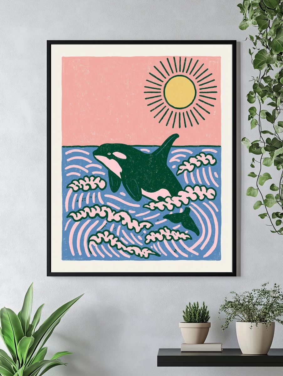 Orca in Waves Illustration Poster. — room view 4