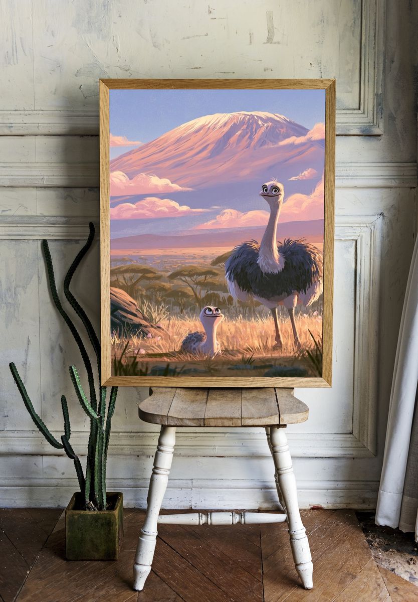 Savanna Ostrich Family Illustration Poster. — room view 1