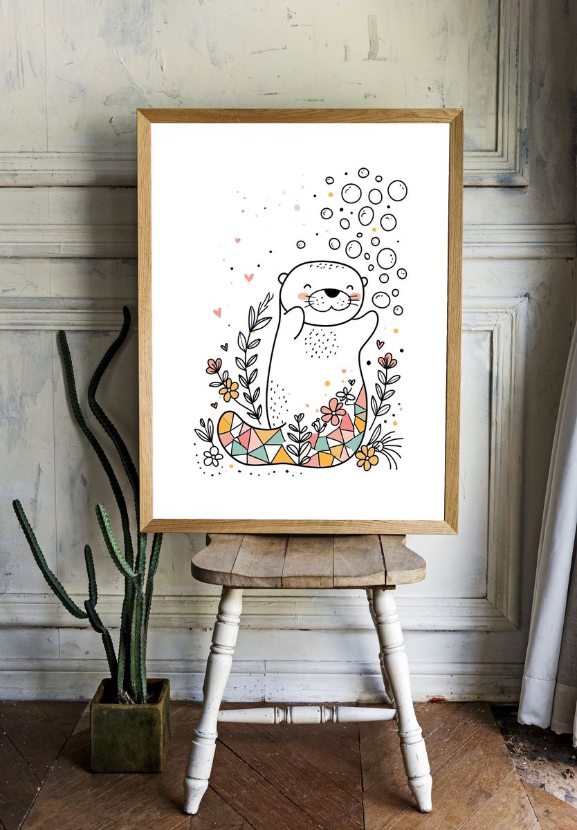 Cute Otter Floral Illustration Poster. — room view 1
