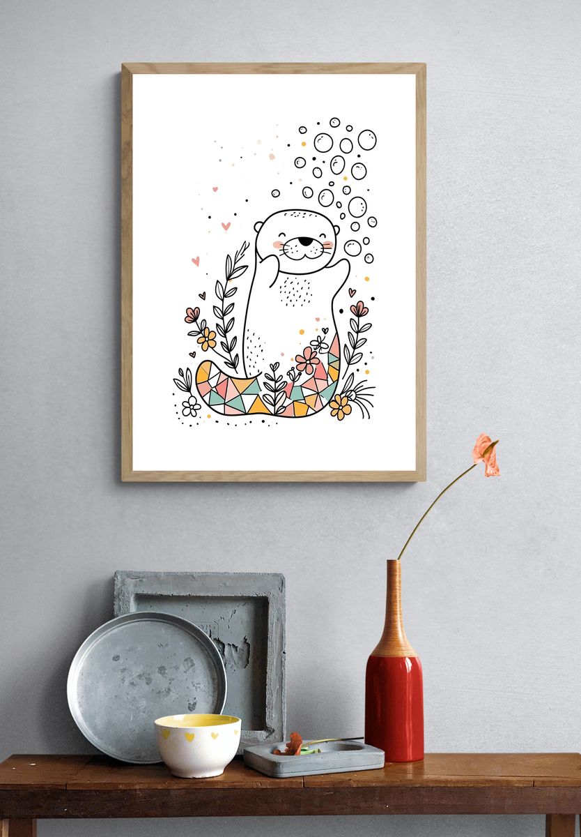 Cute Otter Floral Illustration Poster. — room view 3